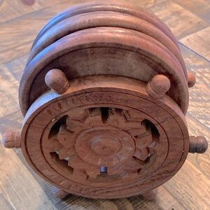 Hand Carved Wood Coasters Set Of 6, Vintage